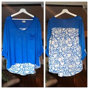 Anthropologie Tropical Blue & White Floral, 3/4 Length Top, Size Small